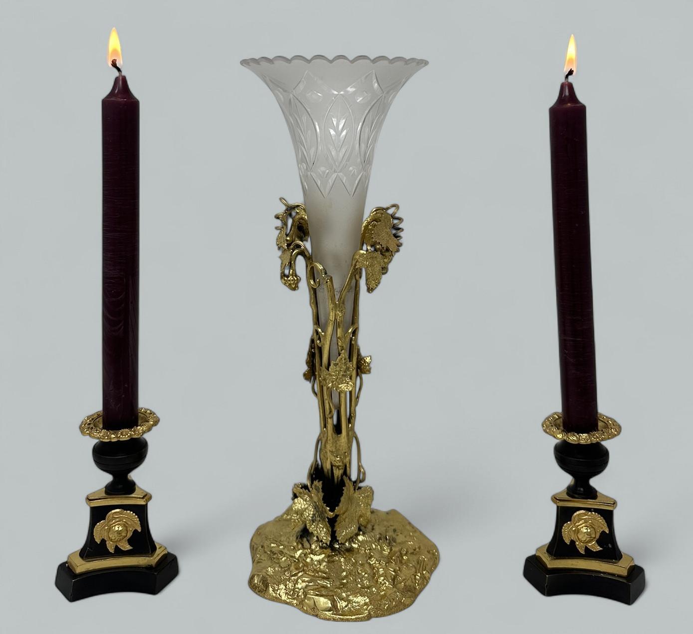 Stunning French chisel cast Ormolu with etched and cut crystal trumpet formed Centerpiece of exceptional quality, firmly attributed to Baccarat Crystal Paris, late Nineteenth Century. 

The ornate ormolu base with lavish cast decoration depicting