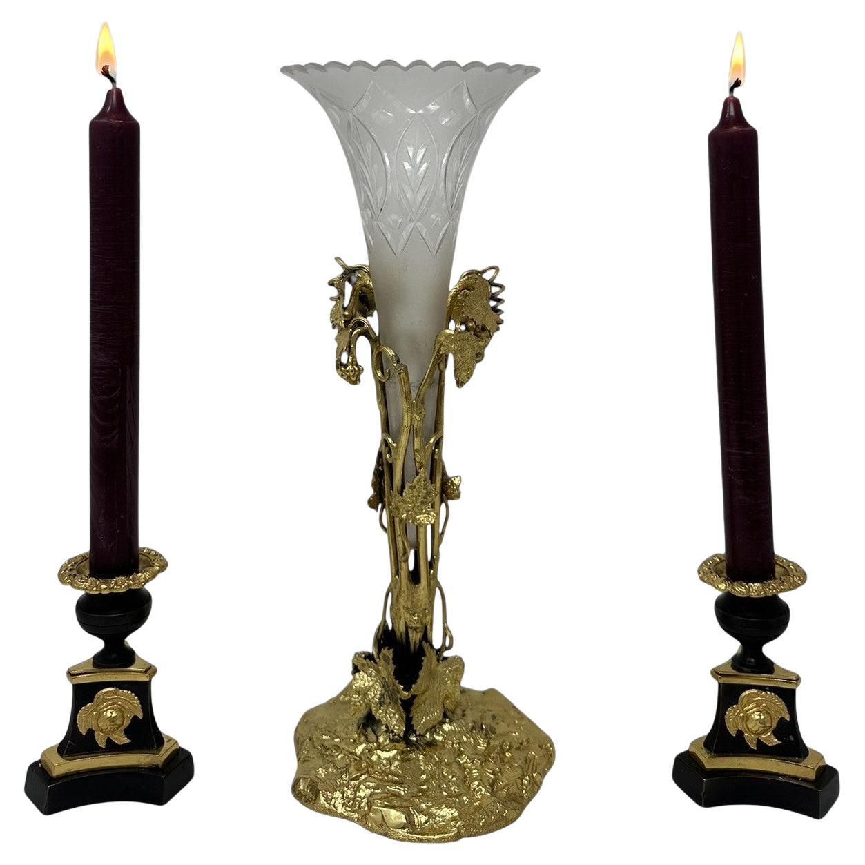 Antique French Baccarat style Ormolu Vase Centerpiece Pair Regency Candlesticks For Sale