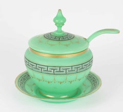 Antique French Baccarat Uranium Green Opaline Glass Punch Bowl Set, 19th Century