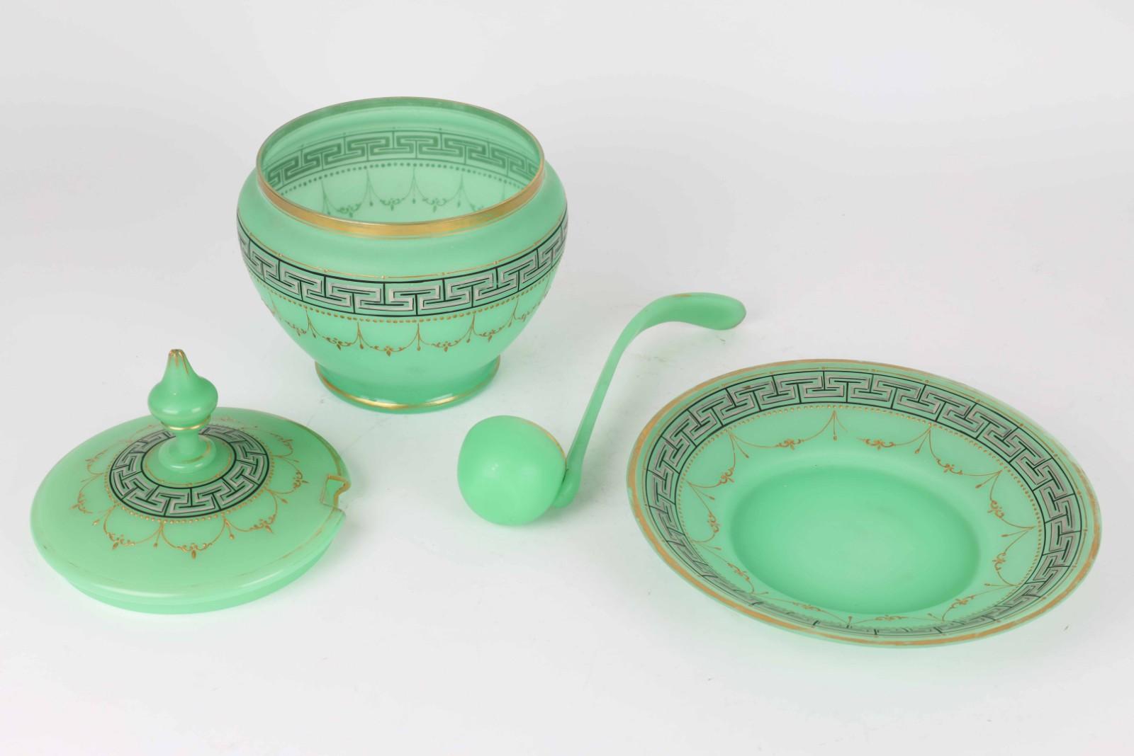 Antique French Baccarat Uranium Green Opaline Glass Punch Bowl Set, 19th Century In Good Condition For Sale In Rostock, MV