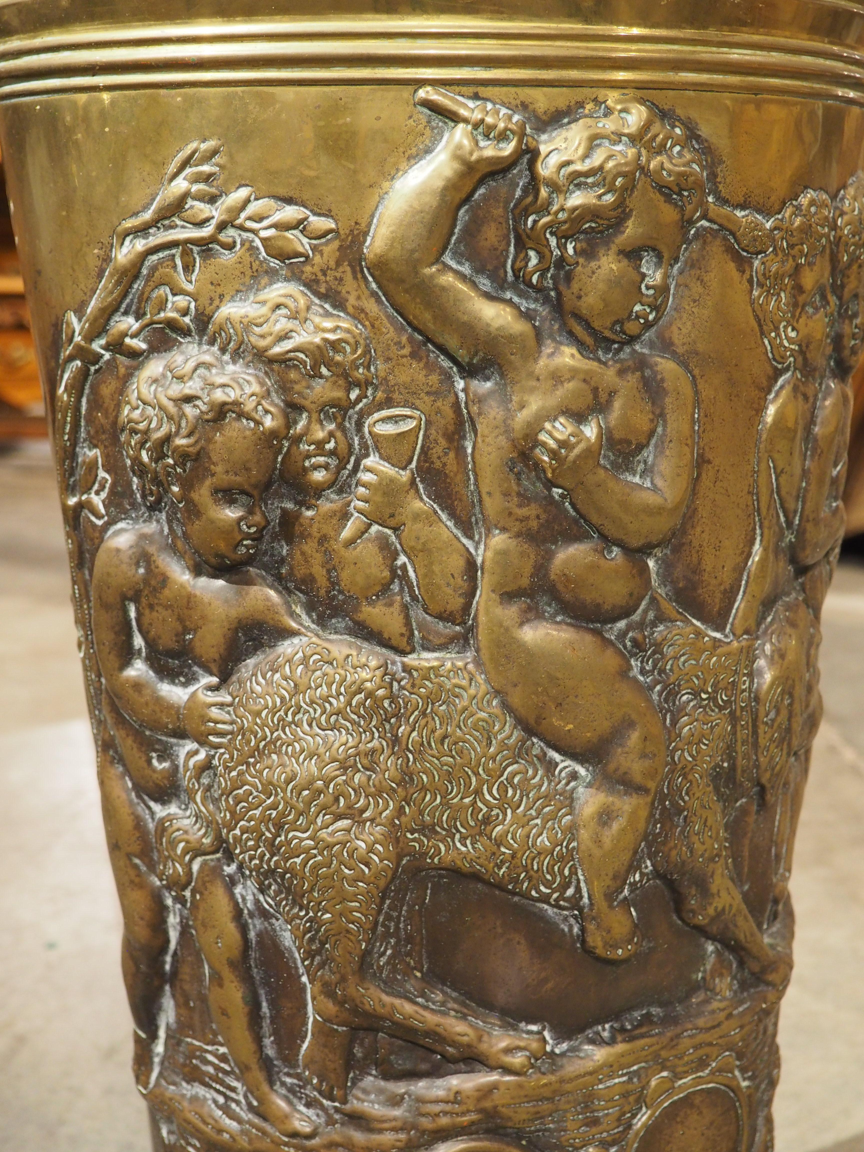 Metal Antique French Bacchanalian Brass Repousse Umbrella Holder, Circa 1900