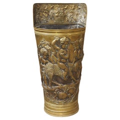 Antique French Bacchanalian Brass Repousse Umbrella Holder, Circa 1900