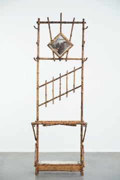 Antique French bamboo standing coat rack with mirror and umbrella stand