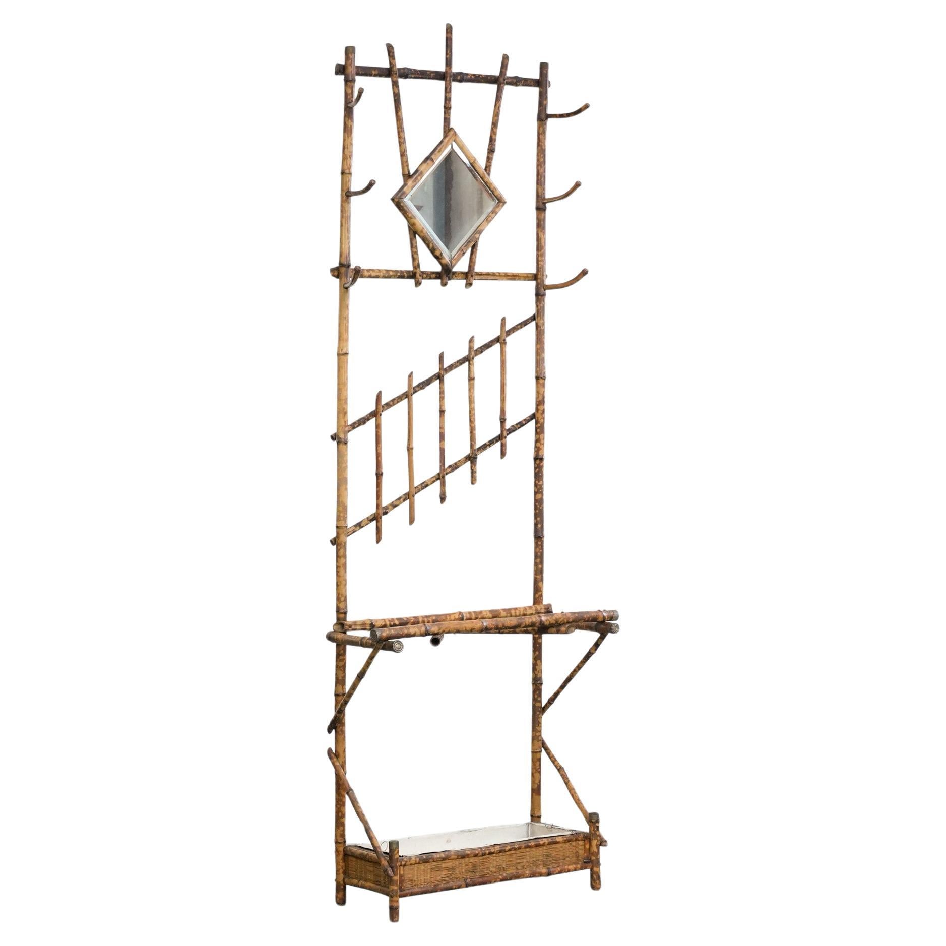 Antique French appendiabiti da terra in bambù con specchio e portaombrelli
