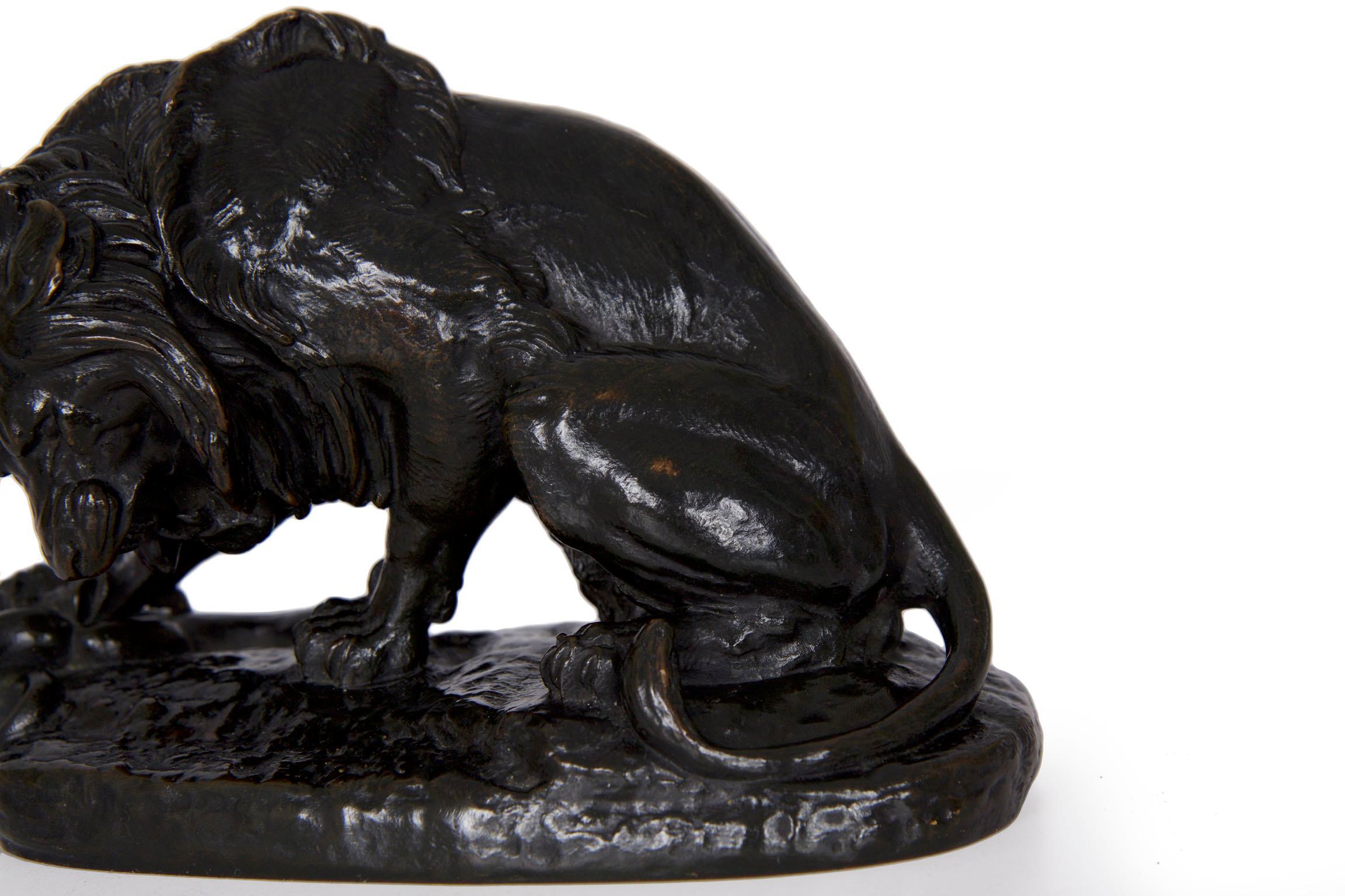 19th Century Antique French Barbedienne Bronze Sculpture “Lion au Serpent” after Antoine-Loui