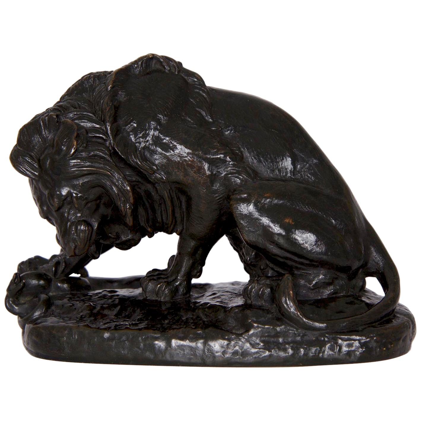Antique French Barbedienne Bronze Sculpture “Lion au Serpent” after Antoine-Loui