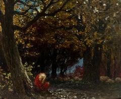 Mid 19th Century French Barbizon Woodland Oil Painting Semi Nude Figure