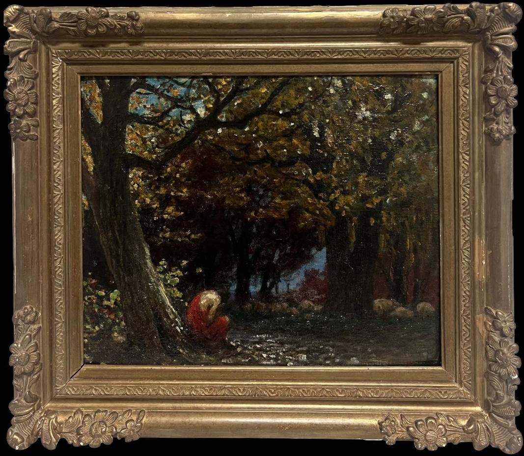 Mid 19th Century French Barbizon Woodland Oil Painting Semi Nude Figure