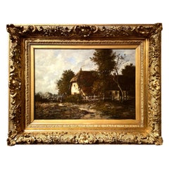 Antique French Barbizon School Oil on Canvas Landscape Painting by Leon Richet
