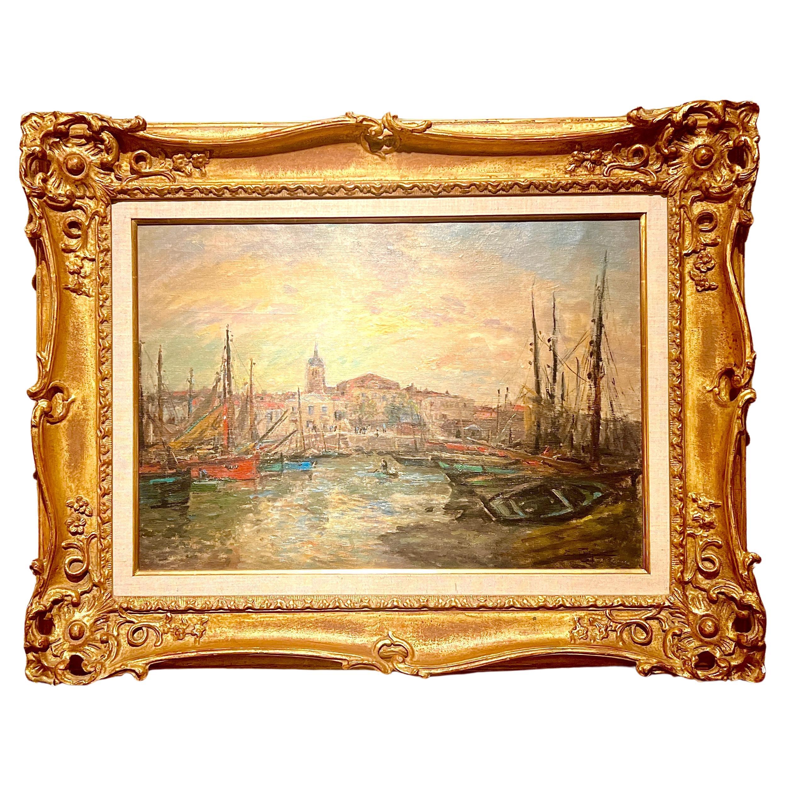 Antique French Scuola Barbizon Olio su tela di Edmond PetitJean.