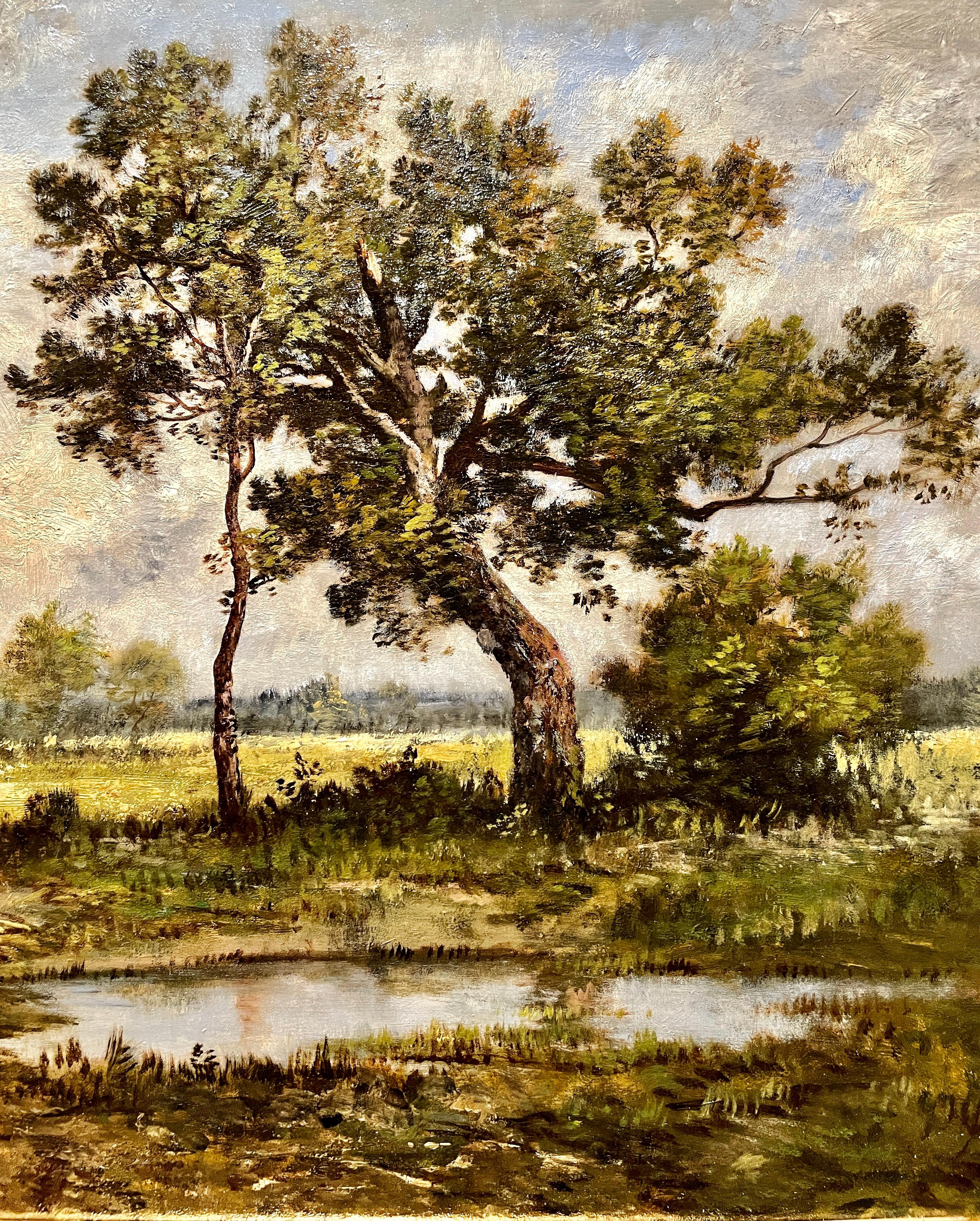 Antique French Barbizon School Oil on Canvas Painting by Léon Richet In Good Condition For Sale In New Orleans, LA