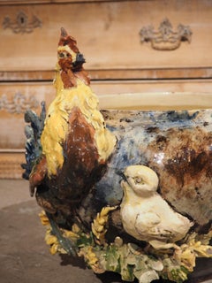 Cache-pot Barbotine français ancien, "Le Coq Gaulois", Circa 1880