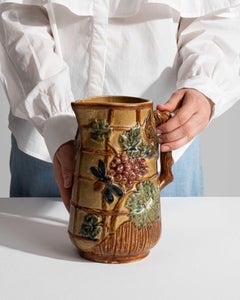 Antique French Barbotine Ceramic Jug, Honey Green Brown Glazes, 1900s