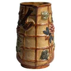 Antique French Barbotine Ceramic Jug, Honey Green Brown Glazes, 1900s