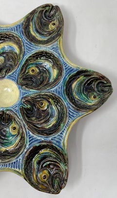 Antique French Barbotine Palissy Majolica Porcelain Fish-Heads Oyster Plate