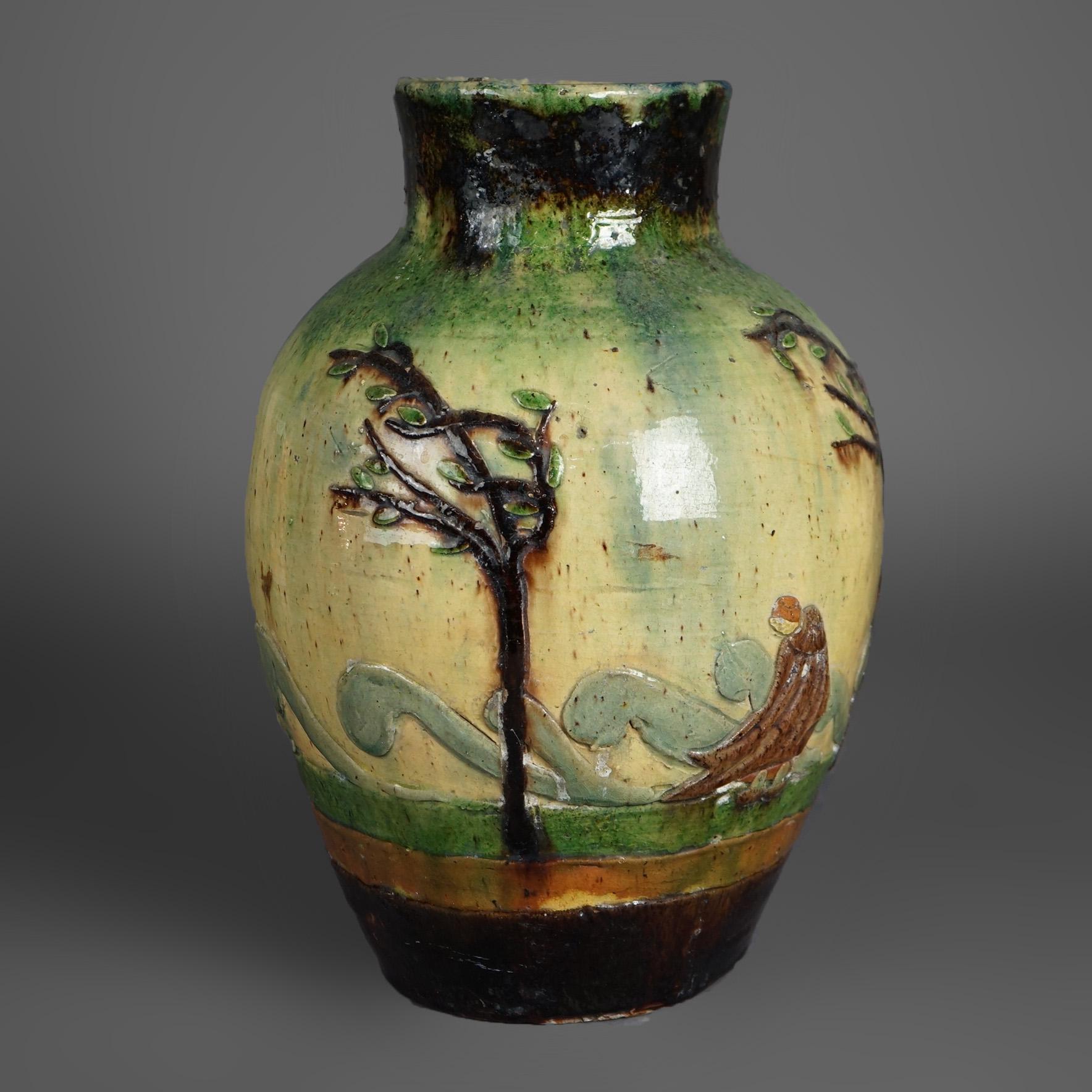 20th Century Antique French Barbotine Pottery Bulbous Vase with Figures Circa 1890 For Sale