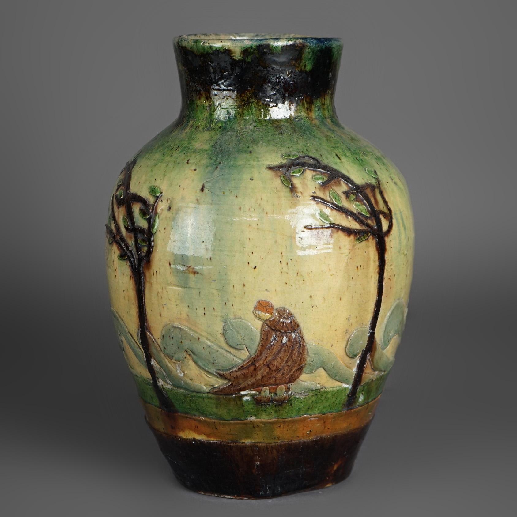 Antique French Barbotine Pottery Bulbous Vase with Figures Circa 1890 For Sale 1