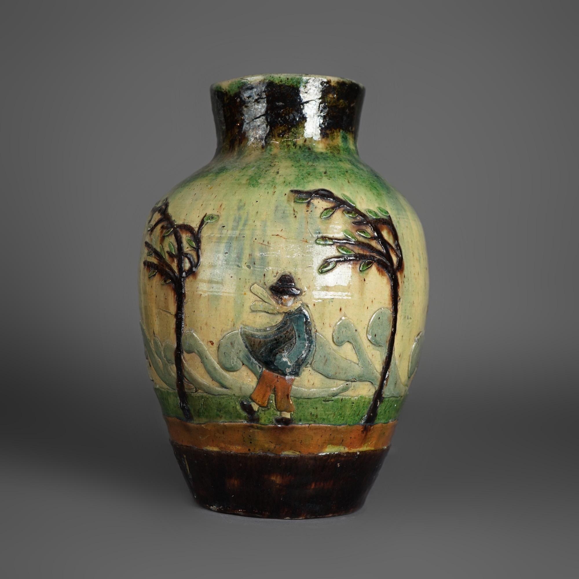 Antique French Barbotine Pottery Bulbous Vase with Figures Circa 1890 For Sale 4