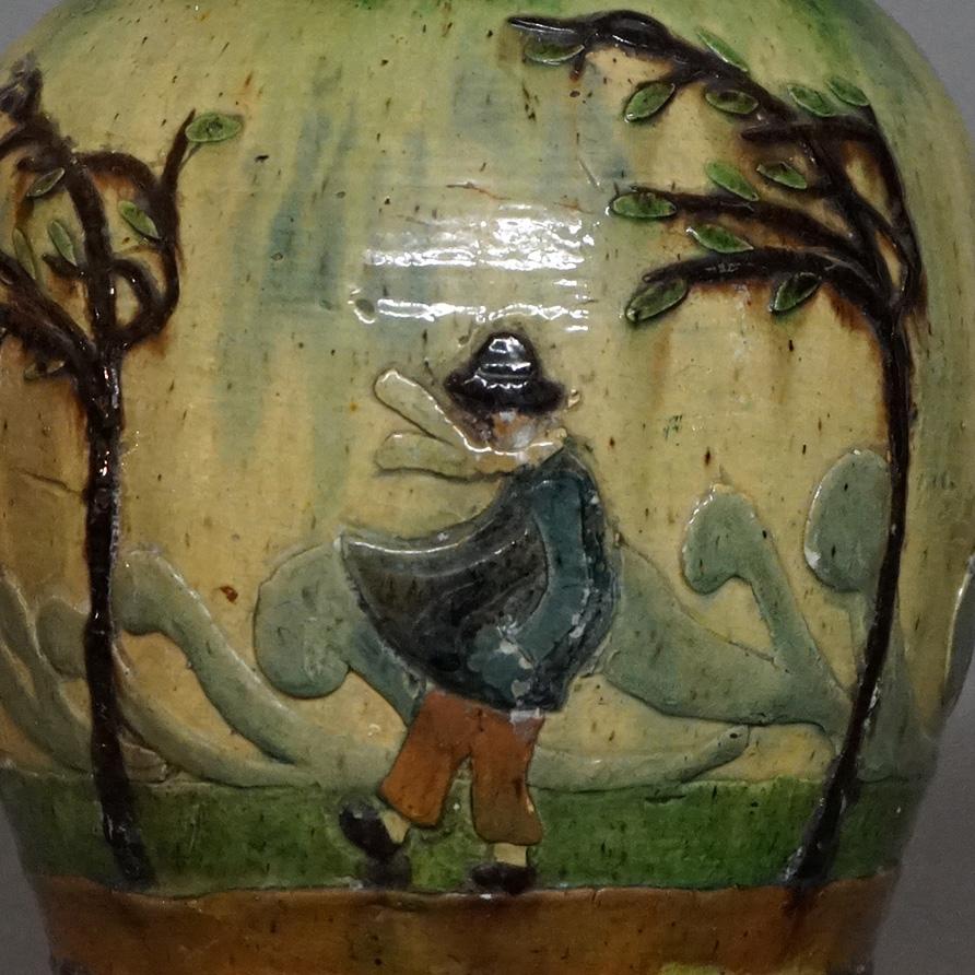 Antique French Barbotine Pottery Bulbous Vase with Figures Circa 1890 For Sale 5