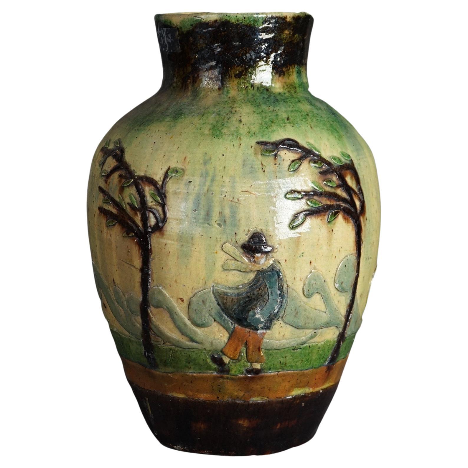 Antique French Barbotine Pottery Bulbous Vase with Figures Circa 1890 For Sale