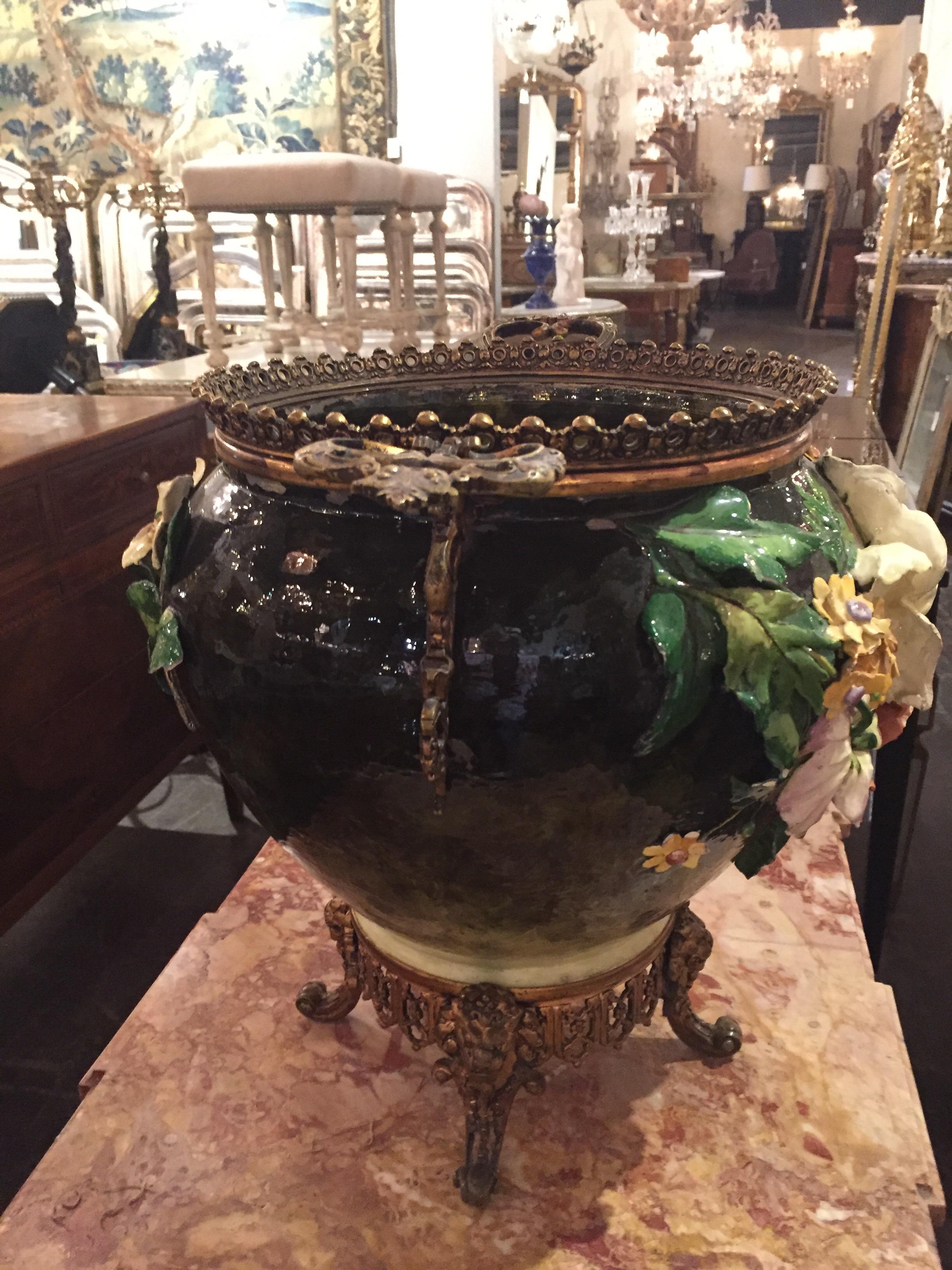 Antique French Barbotine Vase with Ormolo In Good Condition In Dallas, TX