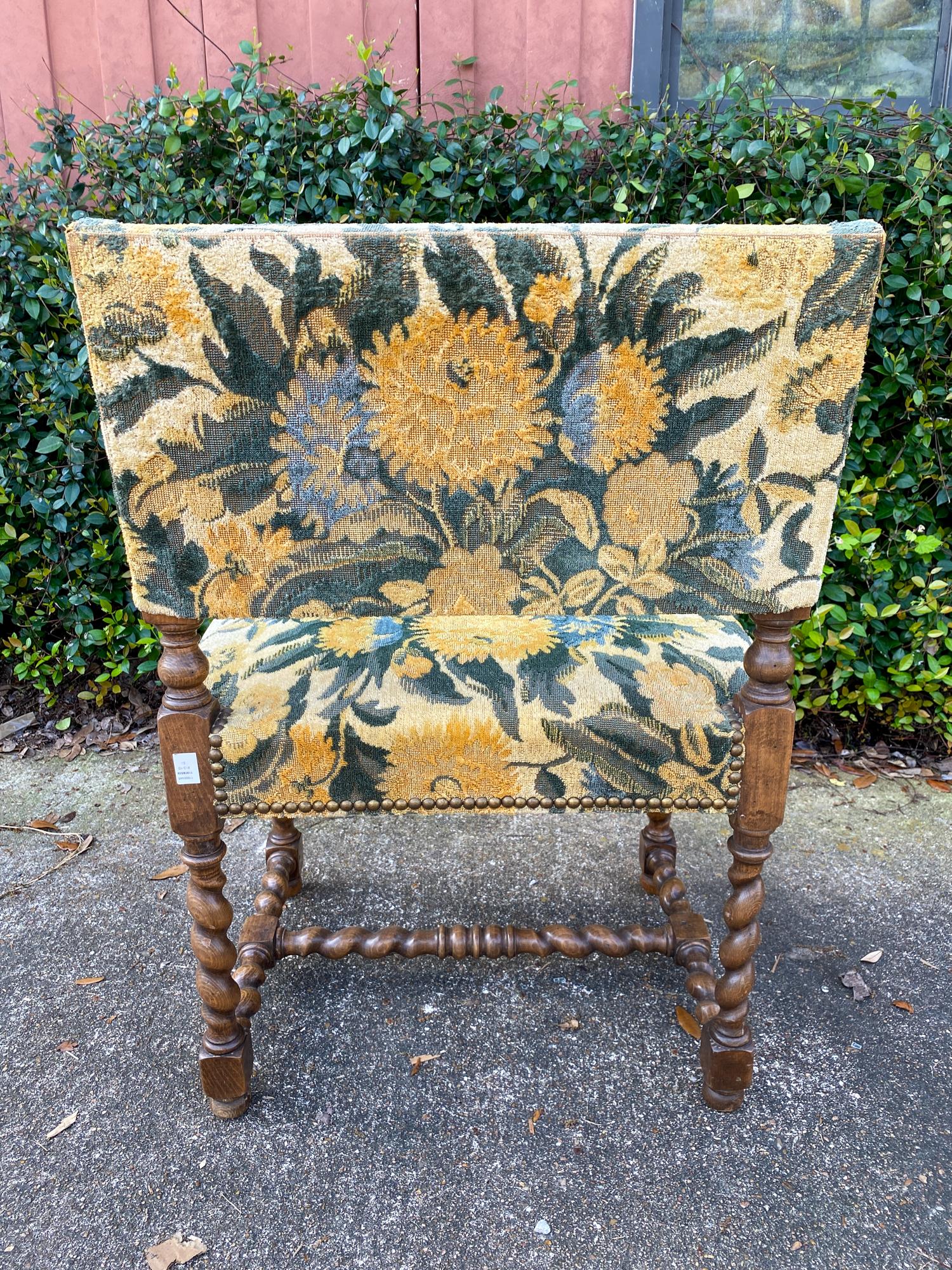 Antique French Barley Twist Armchair with Floral Upholstery, circa 1900 5