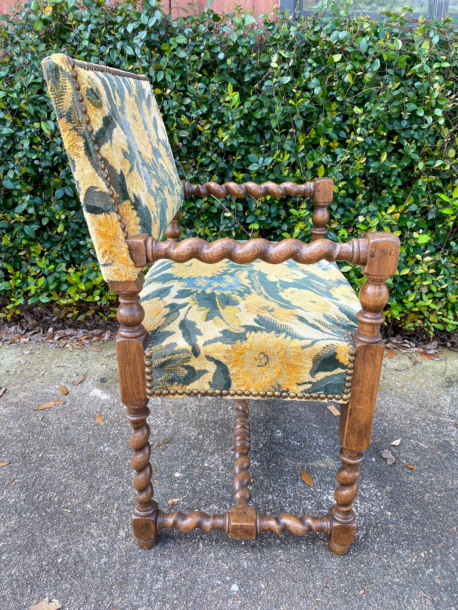 Antique French Barley Twist Armchair with Floral Upholstery, circa 1900 6