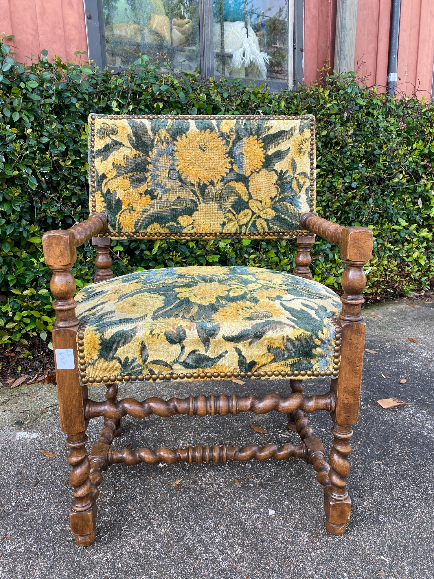 Hand-Carved Antique French Barley Twist Armchair with Floral Upholstery, circa 1900