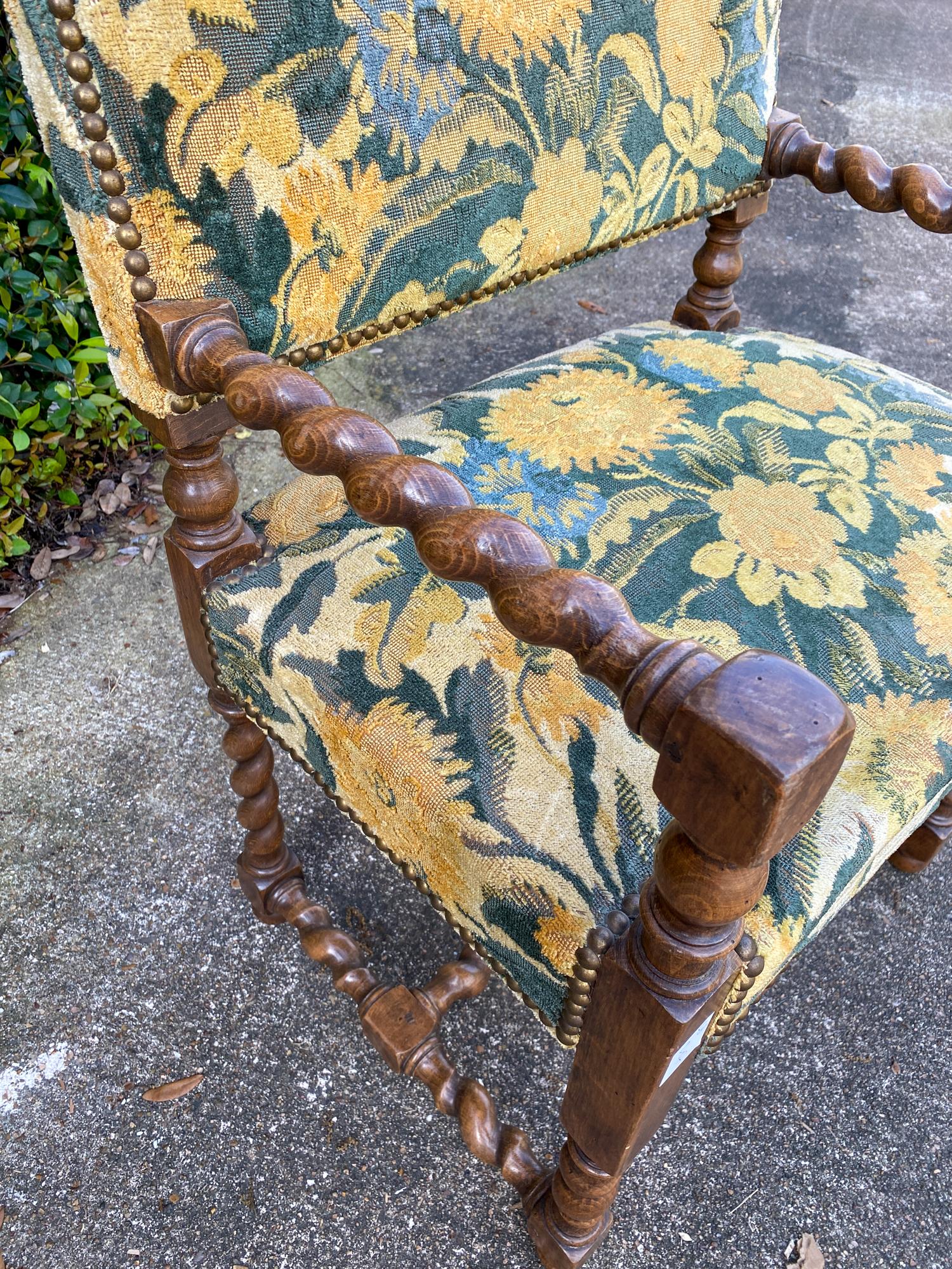 Early 20th Century Antique French Barley Twist Armchair with Floral Upholstery, circa 1900
