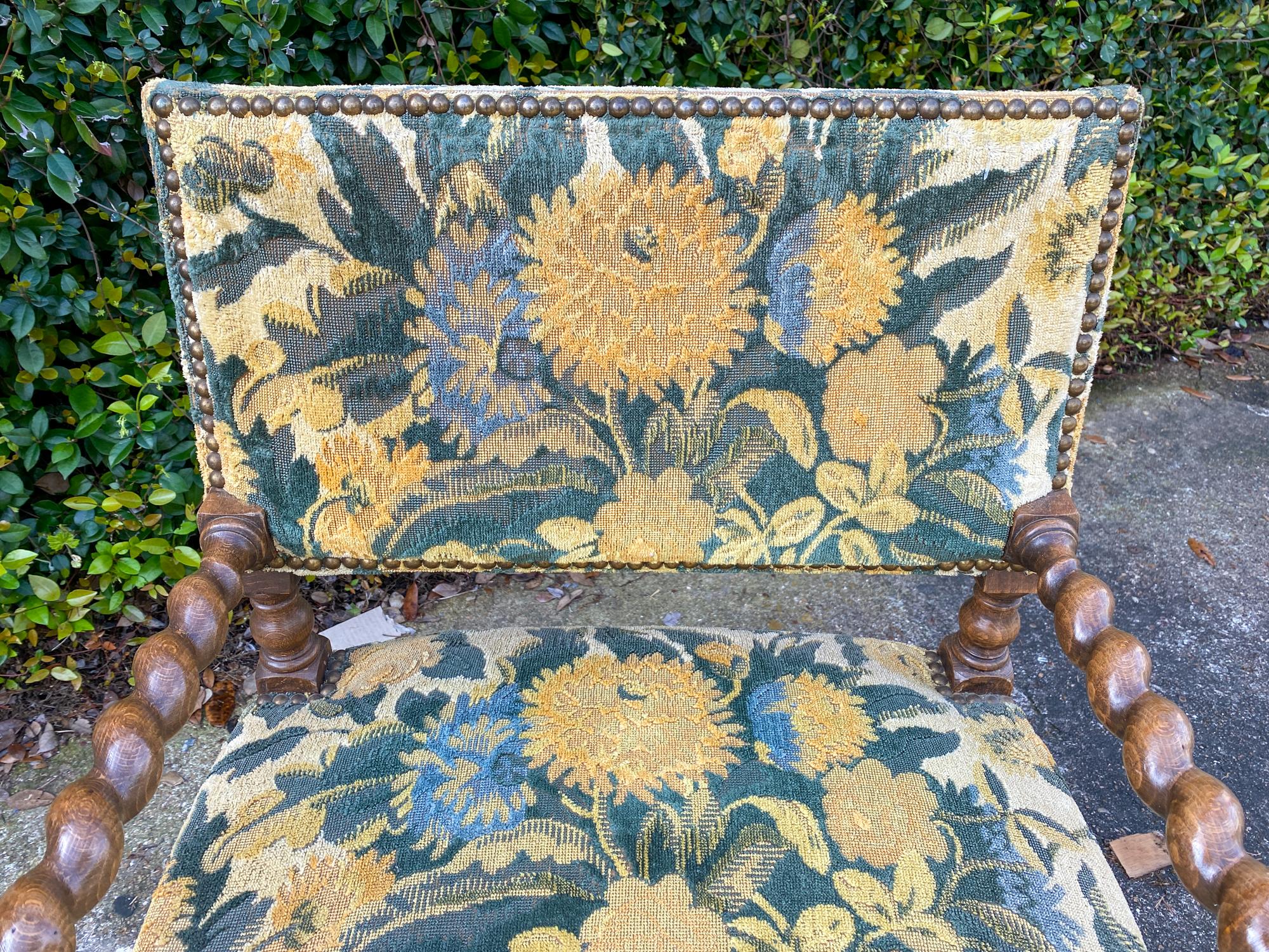Brass Antique French Barley Twist Armchair with Floral Upholstery, circa 1900