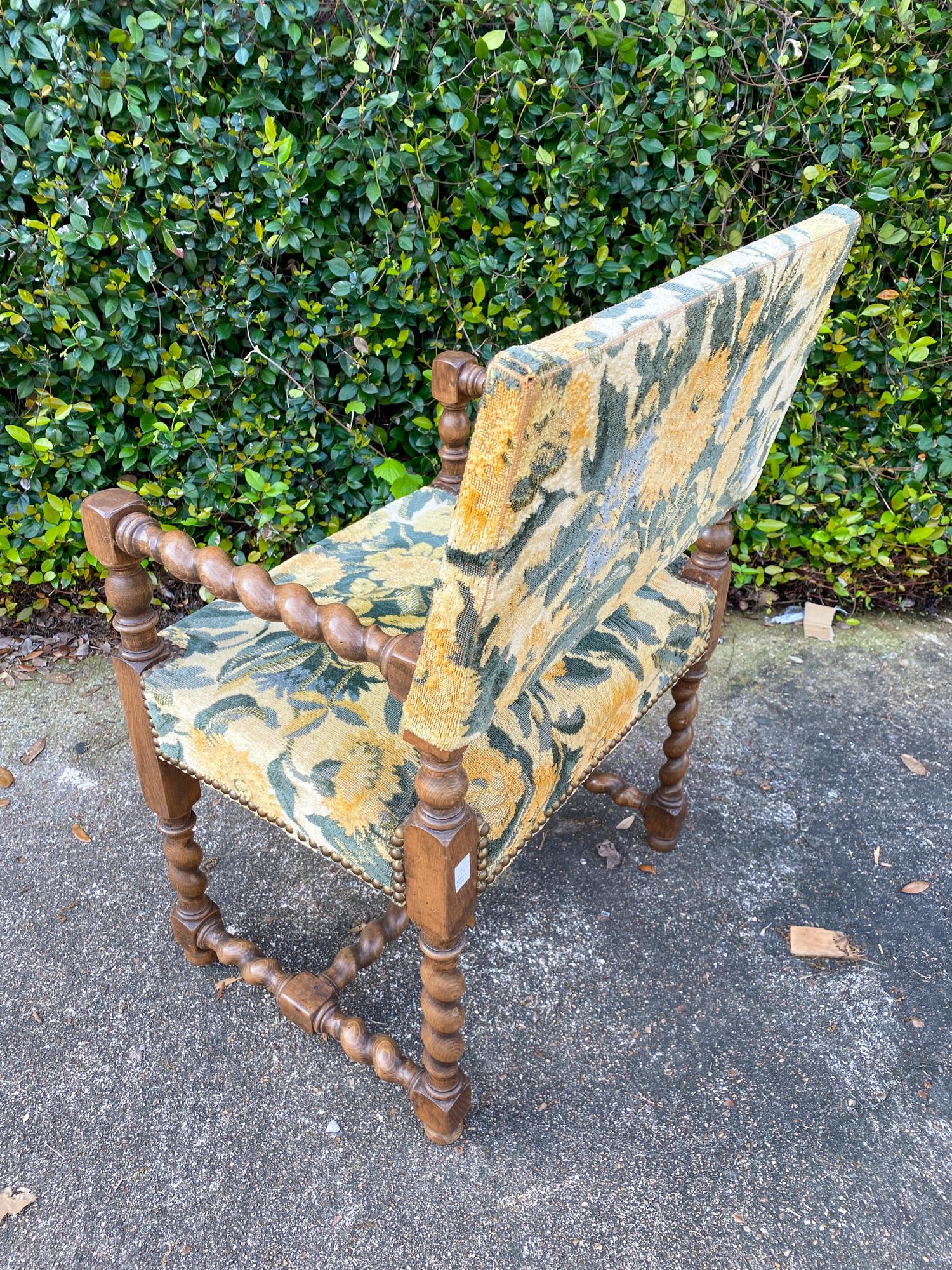 Antique French Barley Twist Armchair with Floral Upholstery, circa 1900 2