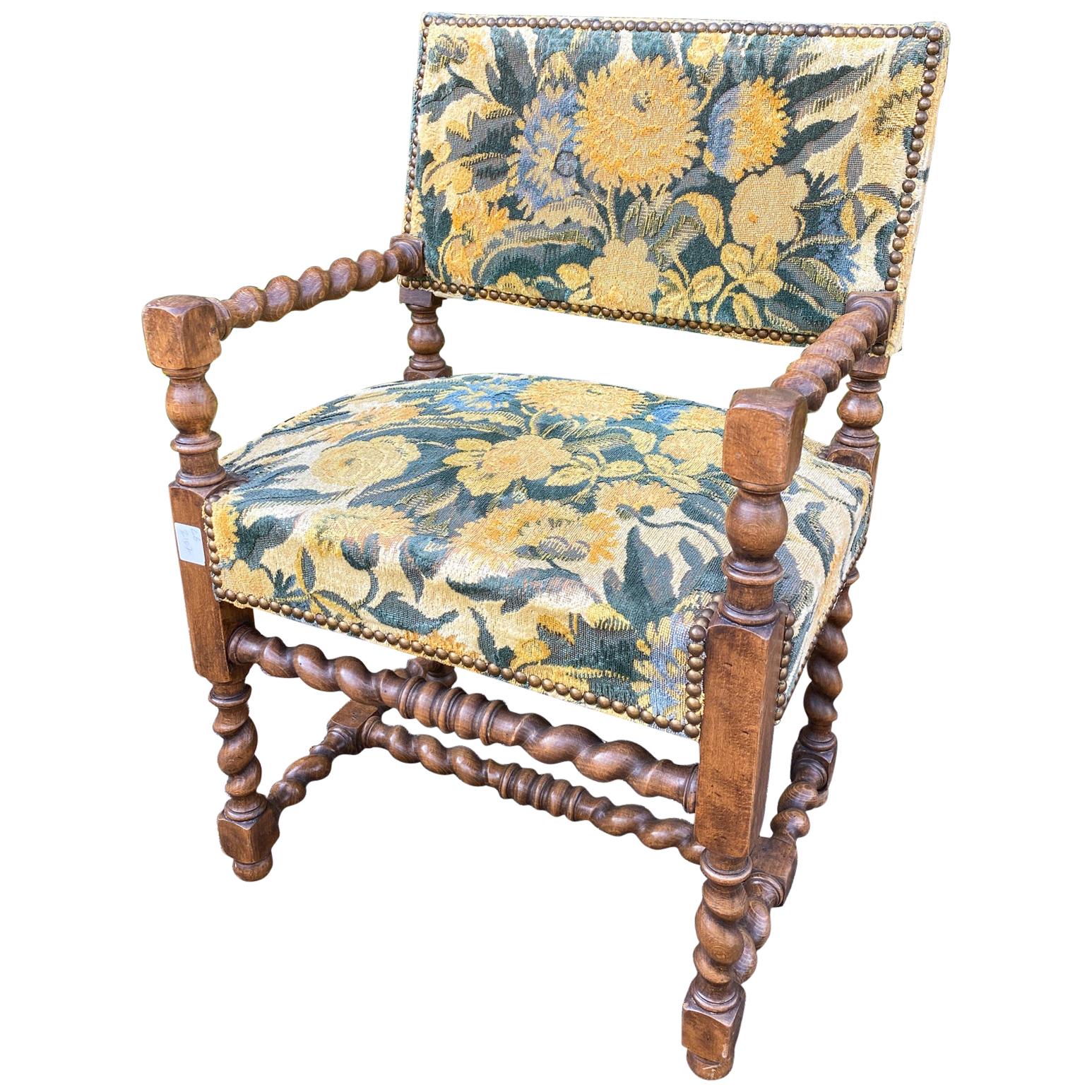 Antique French Barley Twist Armchair with Floral Upholstery, circa 1900