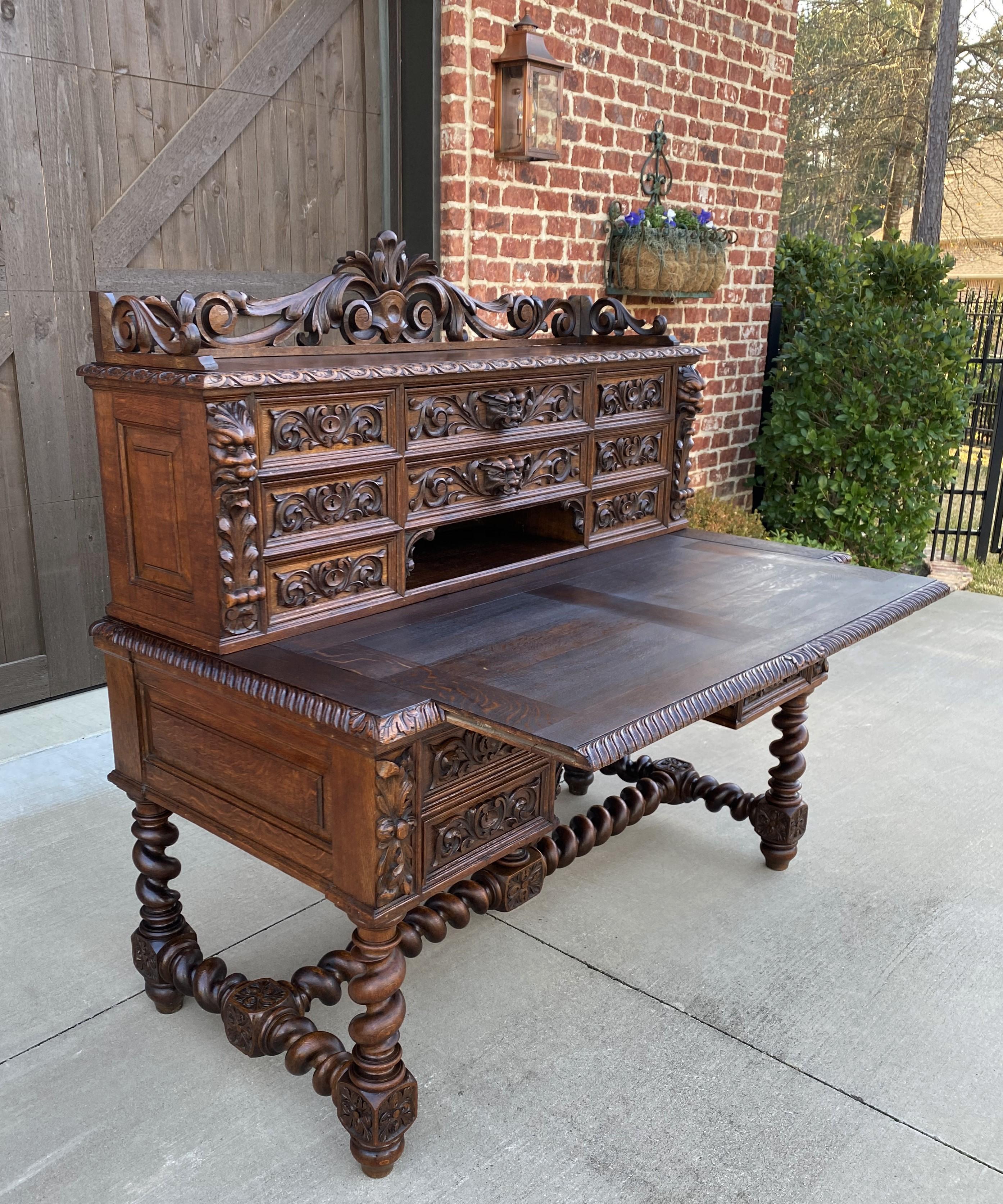 Antique French Barley Twist Desk Renaissance Revival Oak Office Library Desk 19C 6