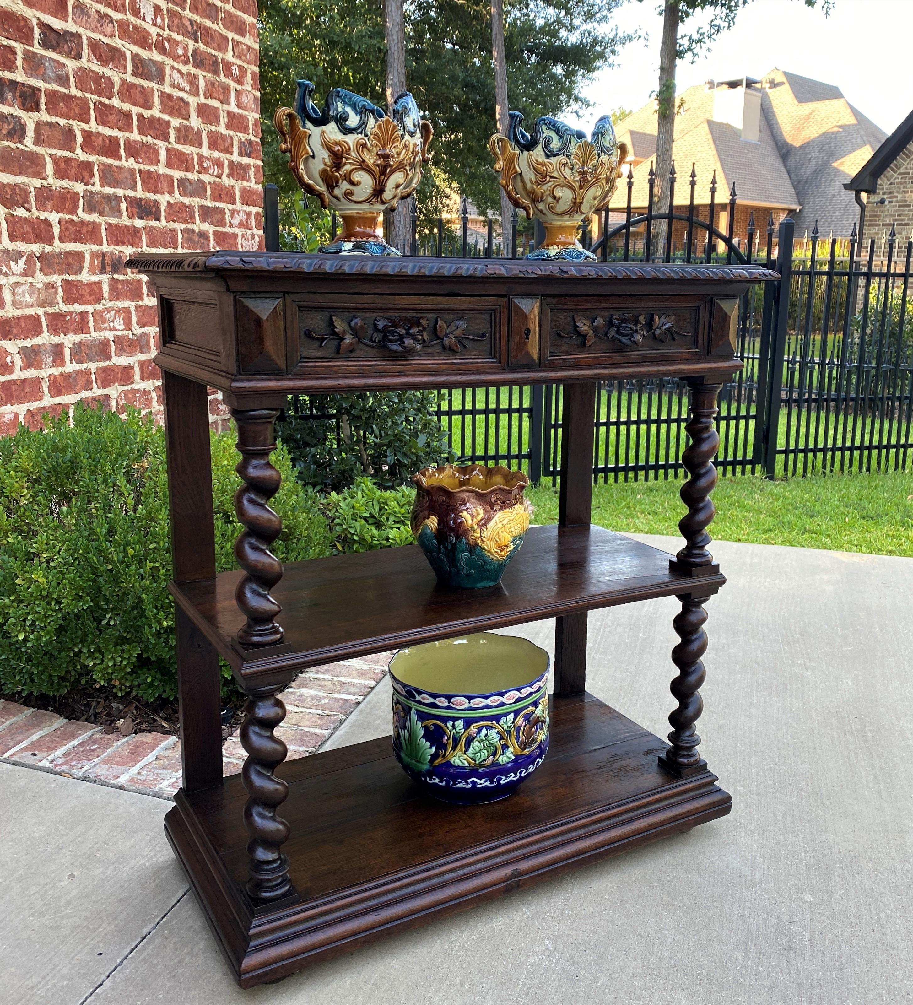 Antique French oak Renaissance Revival barley twist 2-tier dessert server, sideboard, buffet, console or entry table~~2 drawers~~c. 1880s

Beautifully carved example of high quality French sideboard or server~~hard-to-find petite size fits in