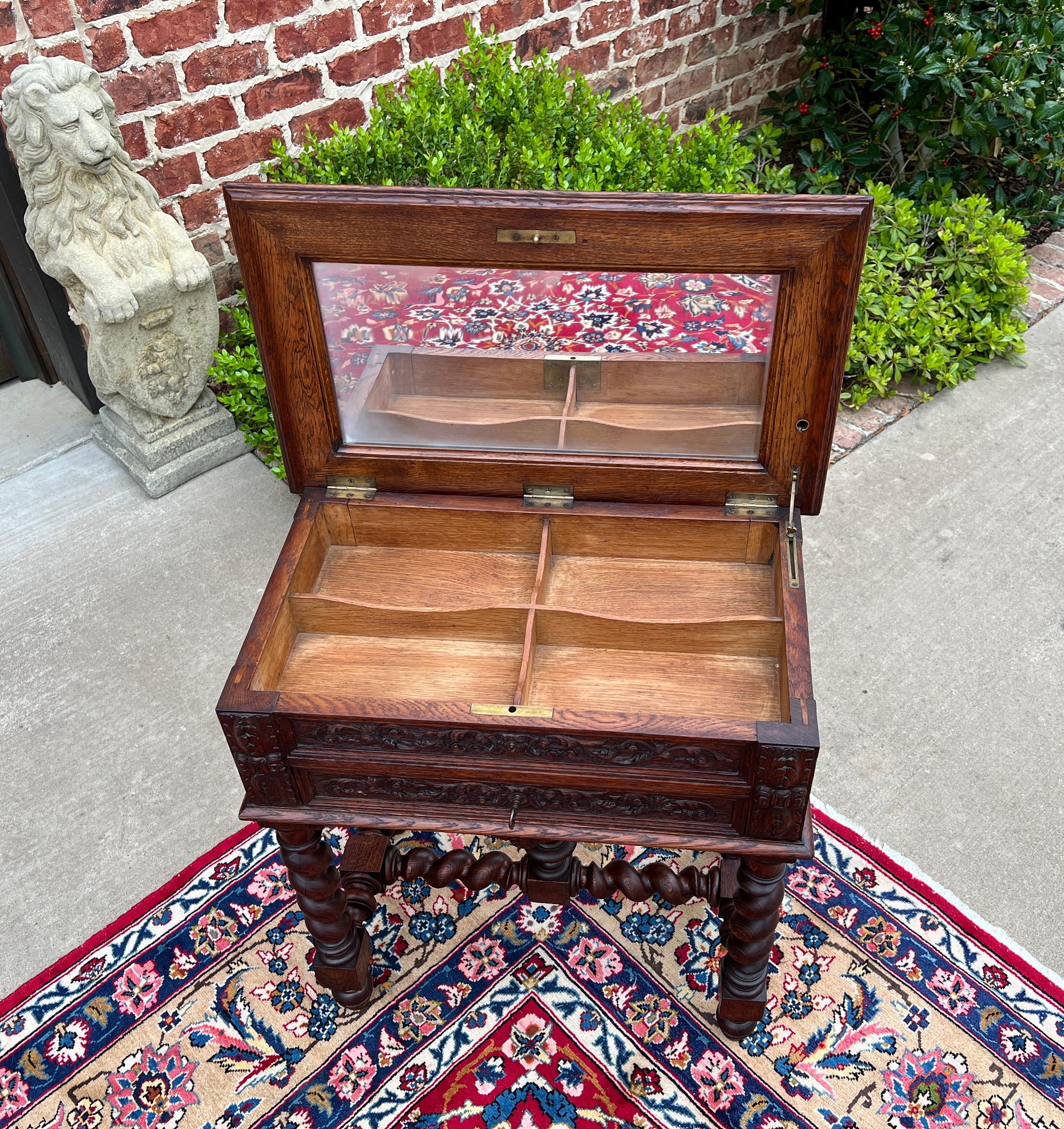 Antique French BARLEY TWIST Jewelry Chest Side End Table Sewing Box Oak 19thC For Sale 7