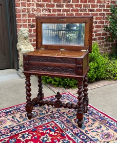 Antique French BARLEY TWIST Jewelry Chest Side End Table Sewing Box Oak 19thC
