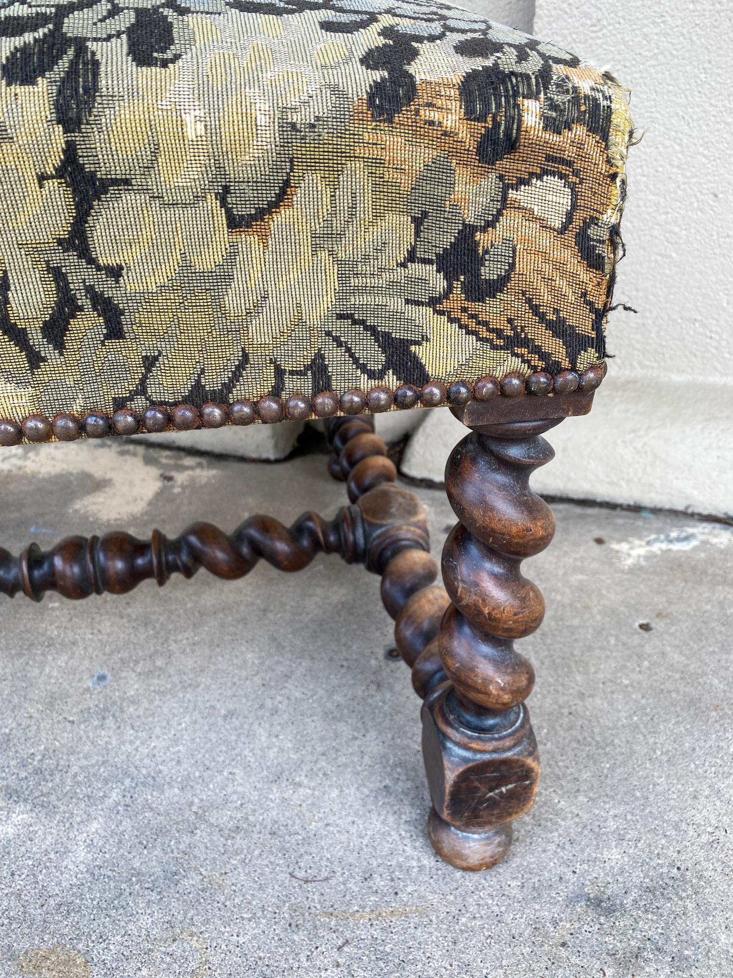 Antique French Barley Twist Ottoman with Embroidered Upholstery, circa 1900 2