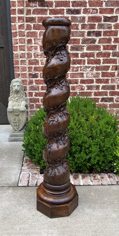 Antique French Barley Twist Pedestal Plant Stand Newell Post Grapevine Oak T