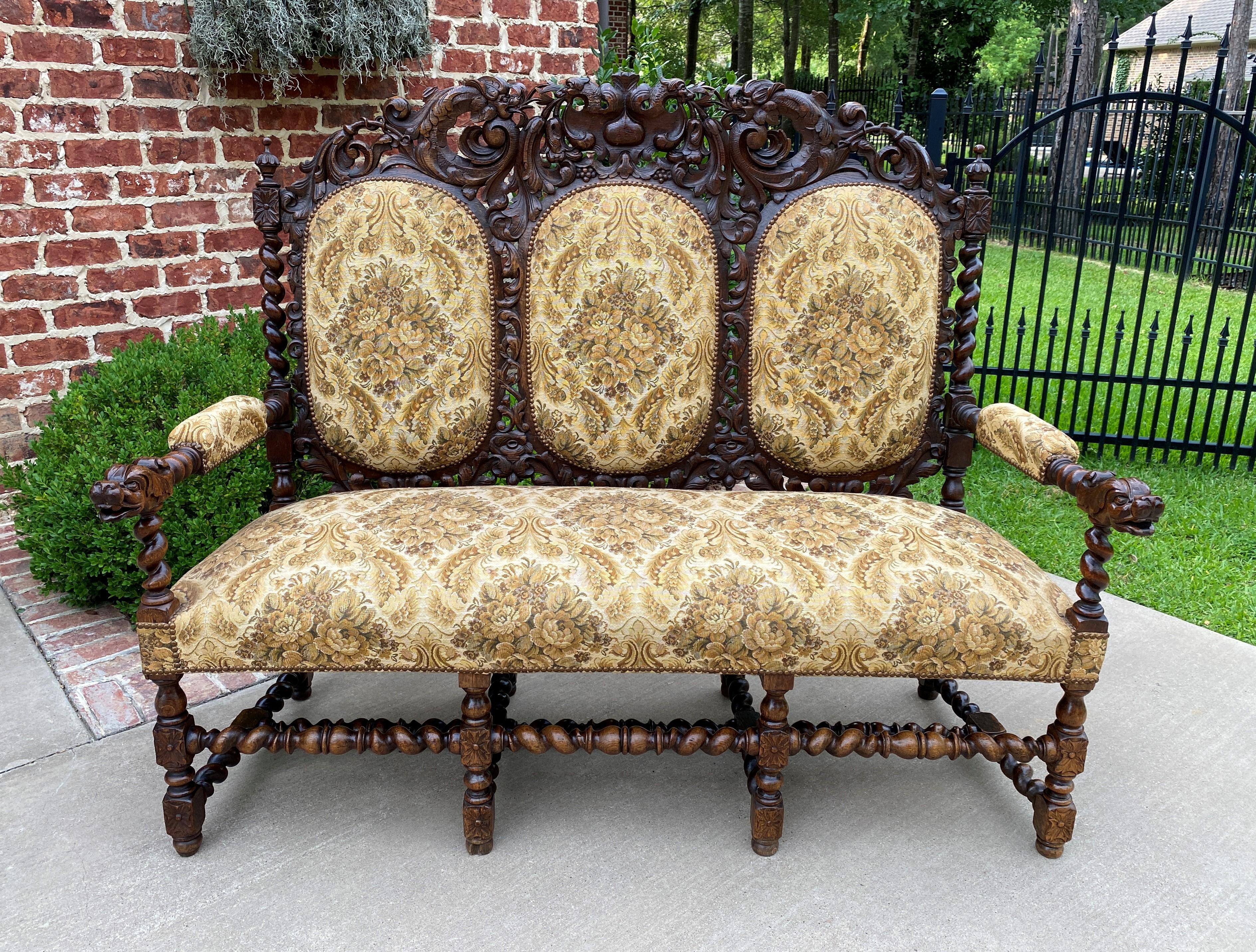 Antique French Barley Twist Sofa Settee Bench Loveseat Oak Dogs Upholstered 12