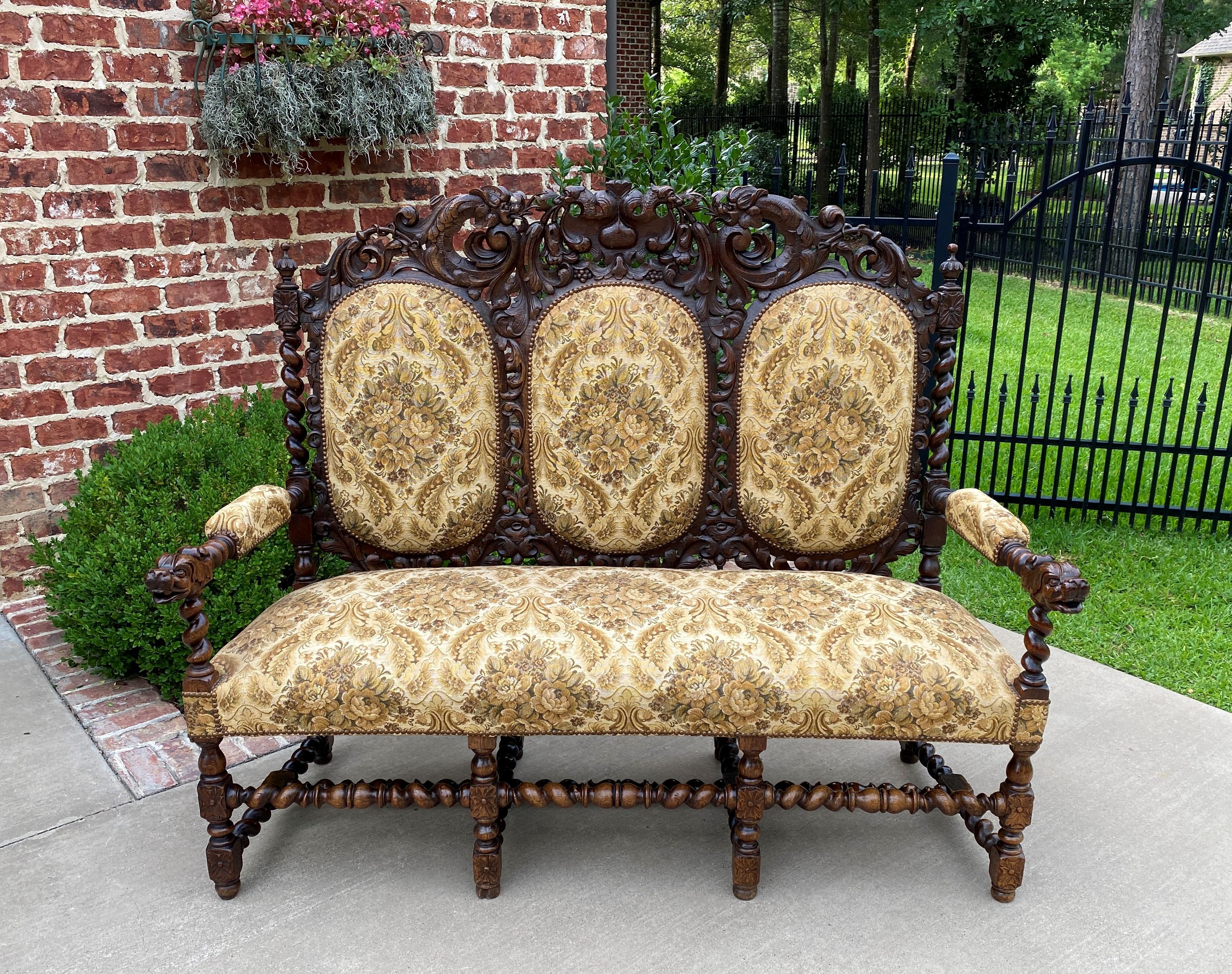 BEAUTIFUL Antique French BARLEY TWIST Upholstered Sofa, Settee, Loveseat, or Bench~~HIGHLY CARVED Oak~~Dog Masks~~c. 1880s

Versatile piece with so many functions~~use as a traditional living area sofa, entry or hall bench, in a bedroom or sitting