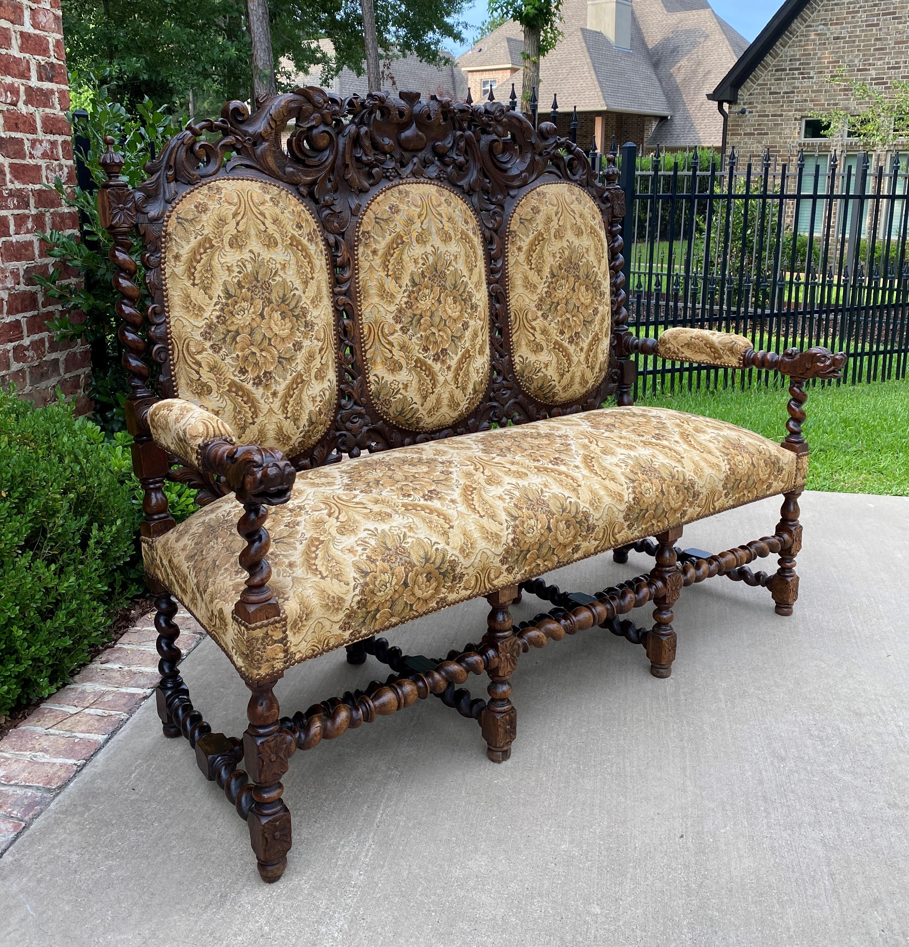 Antique French Barley Twist Sofa Settee Bench Loveseat Oak Dogs Upholstered In Good Condition In Tyler, TX