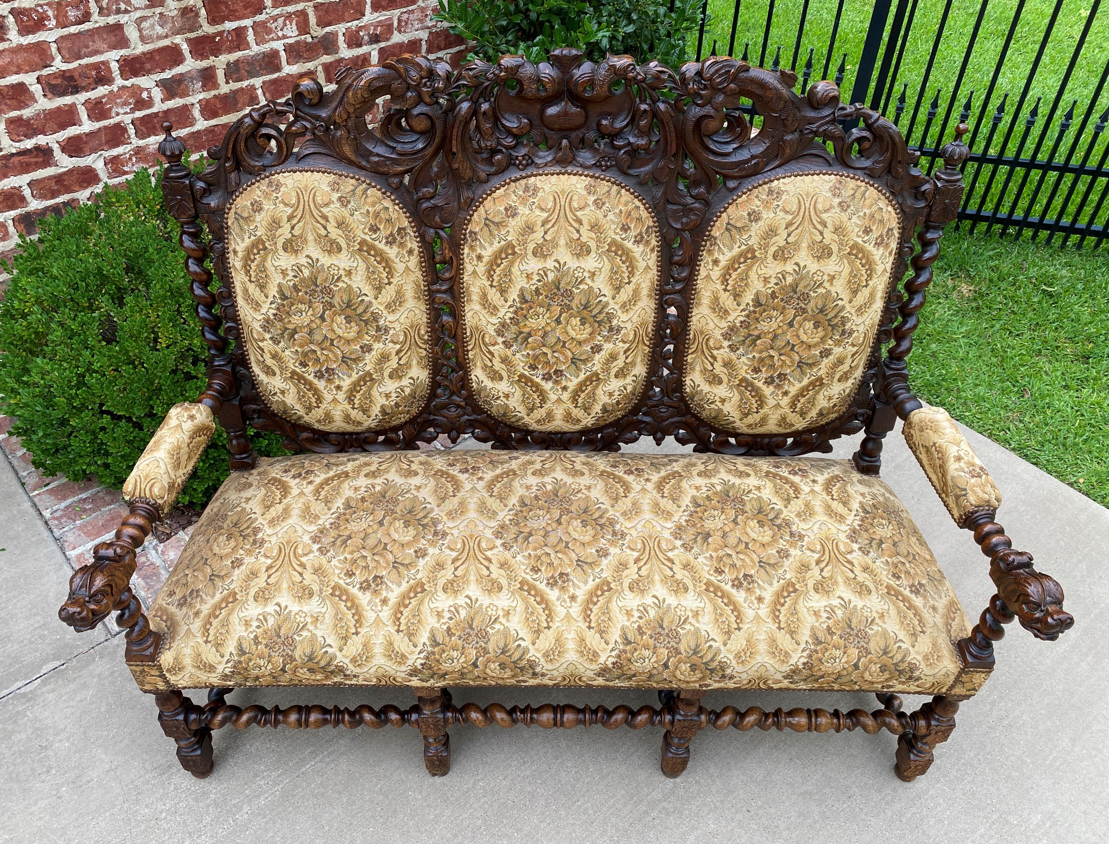 Antique French Barley Twist Sofa Settee Bench Loveseat Oak Dogs Upholstered 2