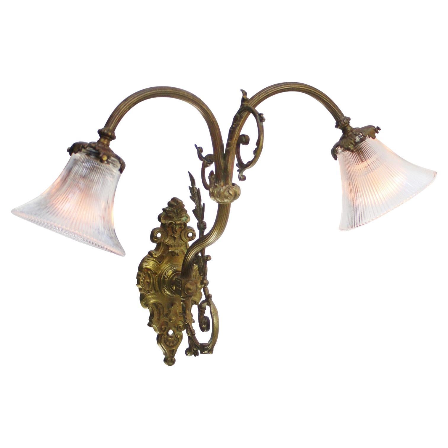 Antique French Baroque Brass Double Glass Sconce Wall Lamp