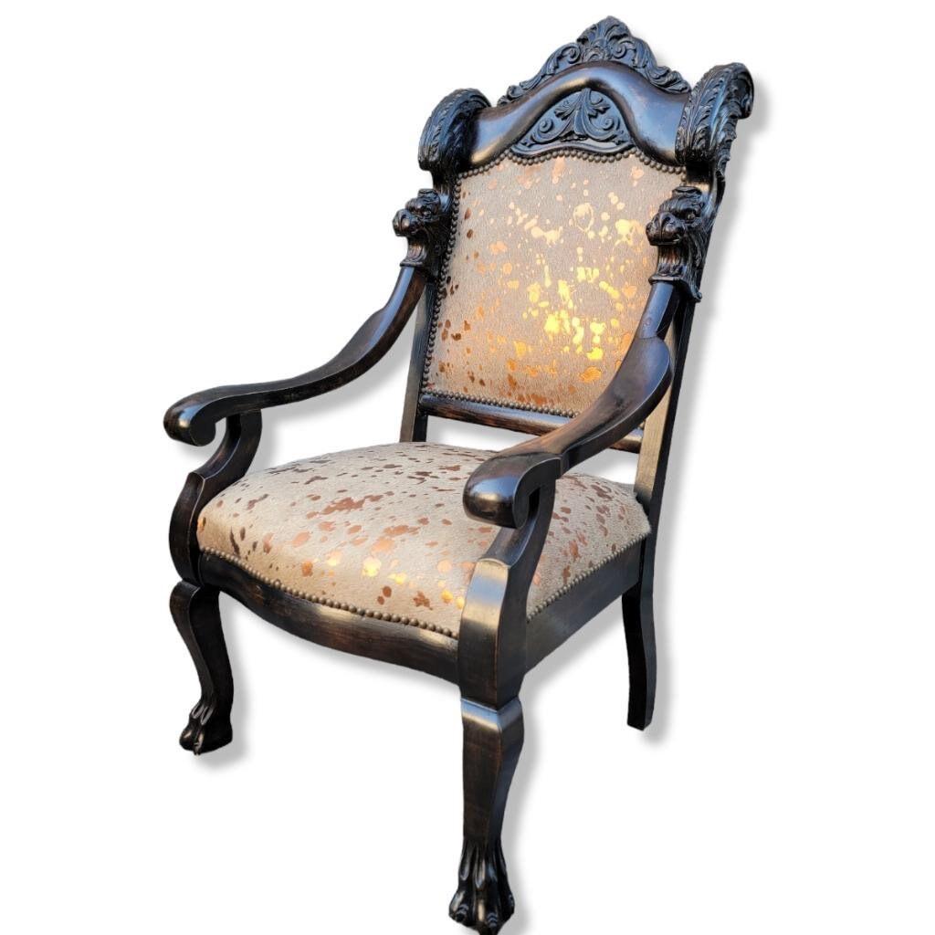 Hand-Carved Antique French Baroque Carved Mahogany Fireside Throne Chair Newly Upholstered For Sale
