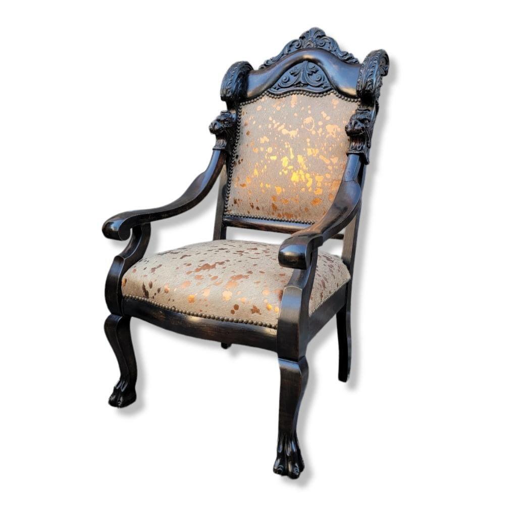 Antique French Baroque Carved Mahogany Fireside Throne Chair Newly Upholstered In Good Condition For Sale In Chicago, IL