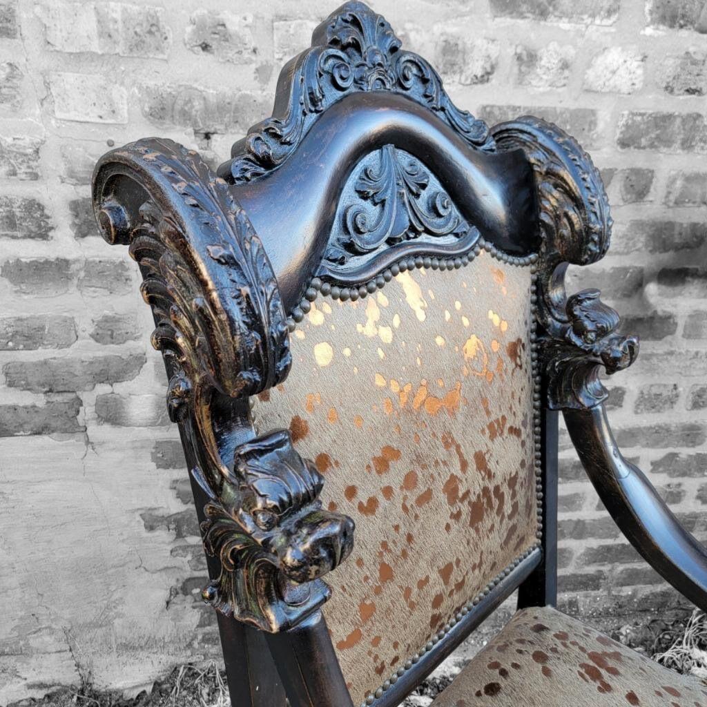 Cowhide Antique French Baroque Carved Mahogany Fireside Throne Chair Newly Upholstered For Sale