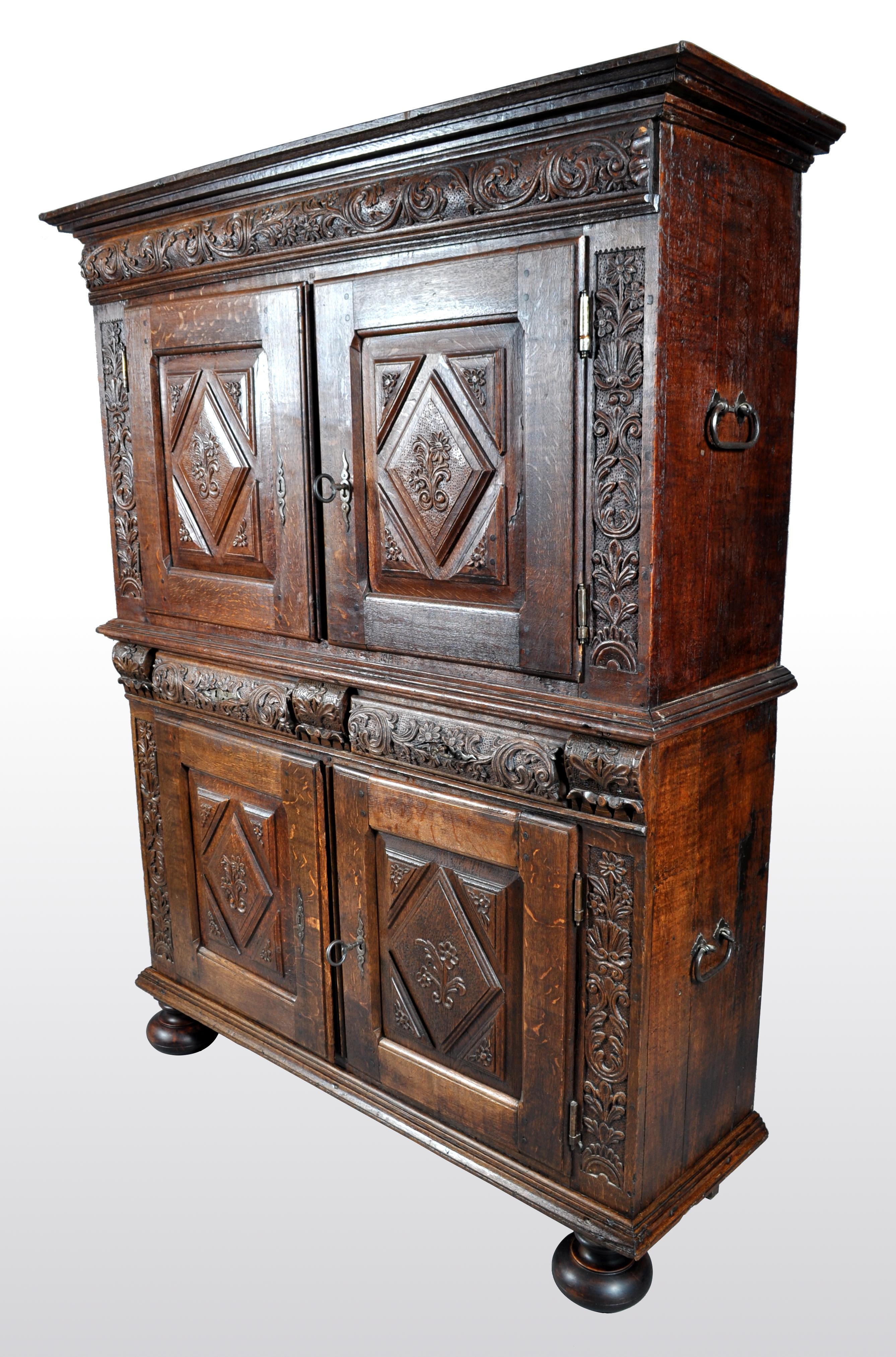 Hand-Carved Antique French Baroque Carved Oak Court Cabinet, circa 1750