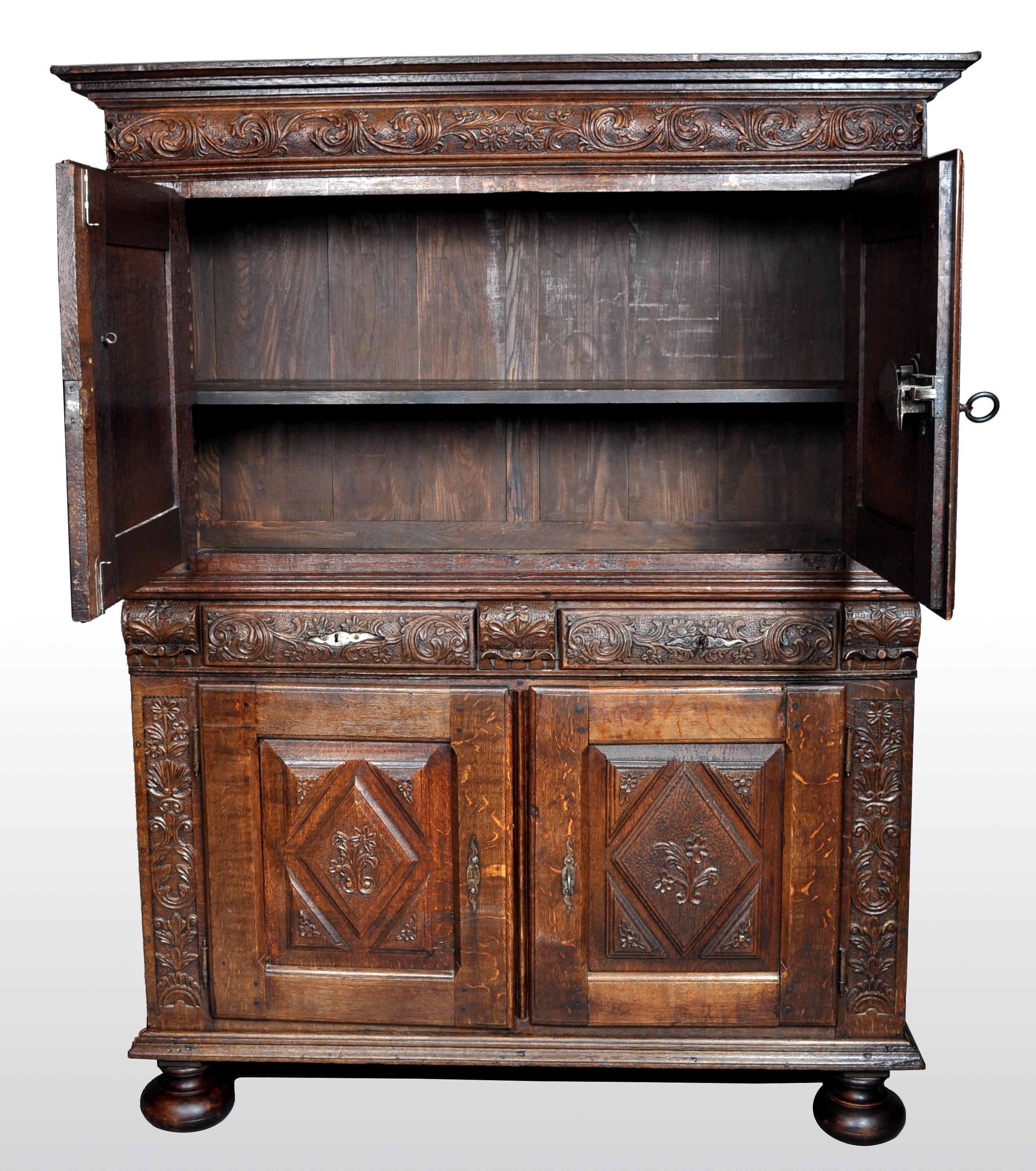 Antique French Baroque Carved Oak Court Cabinet, circa 1750 In Good Condition In Portland, OR