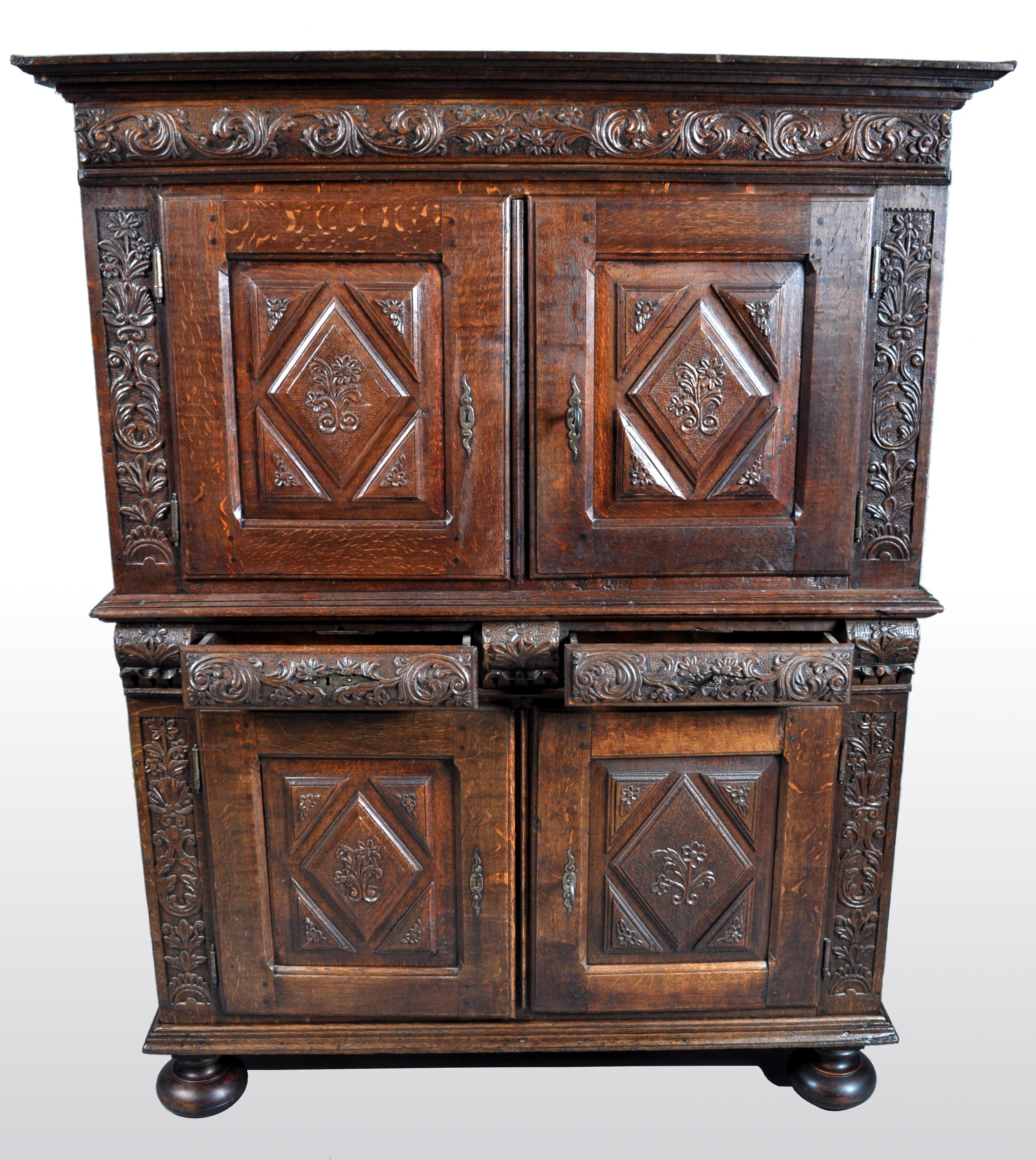 18th Century Antique French Baroque Carved Oak Court Cabinet, circa 1750