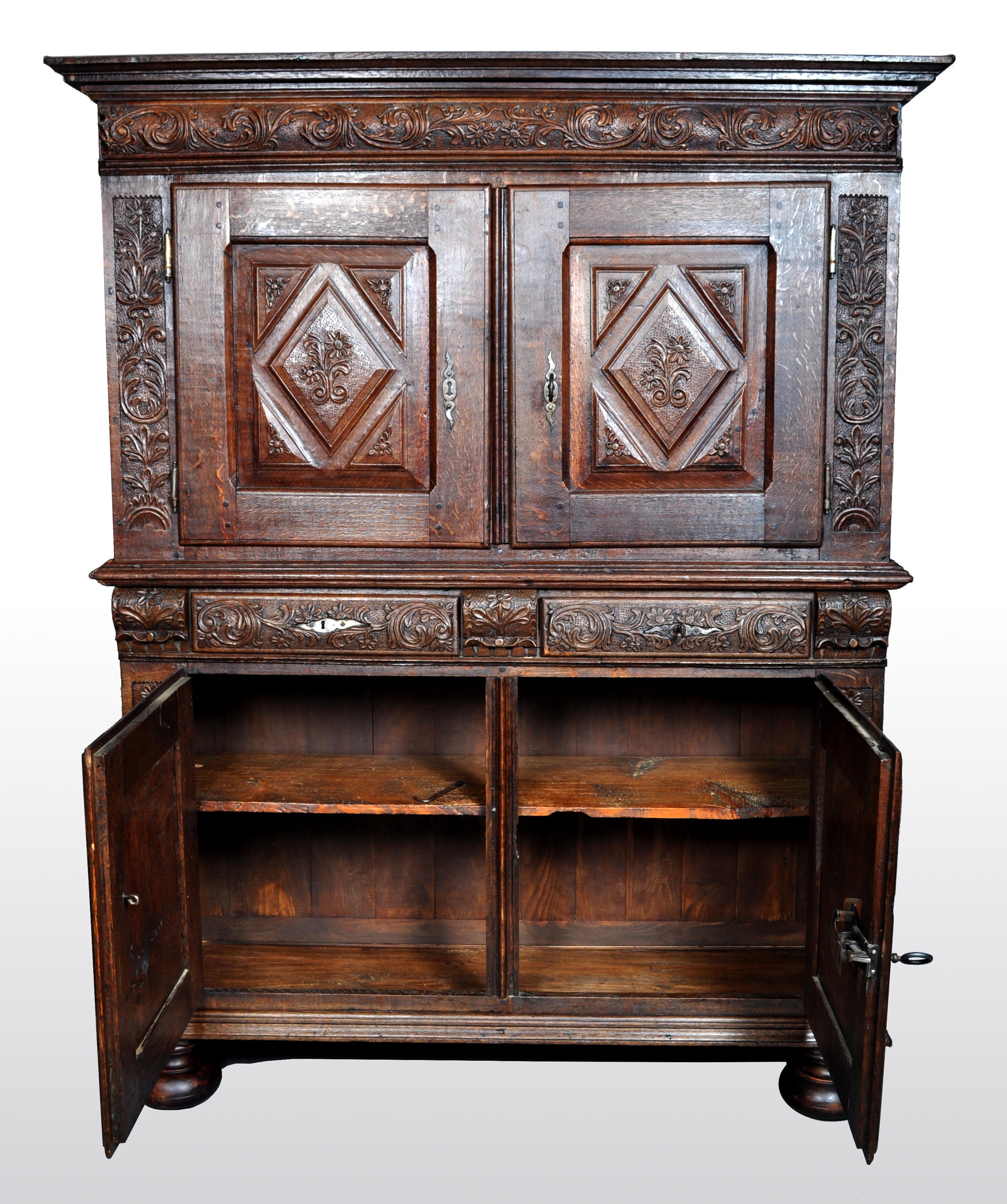 Antique French Baroque Carved Oak Court Cabinet, circa 1750 1